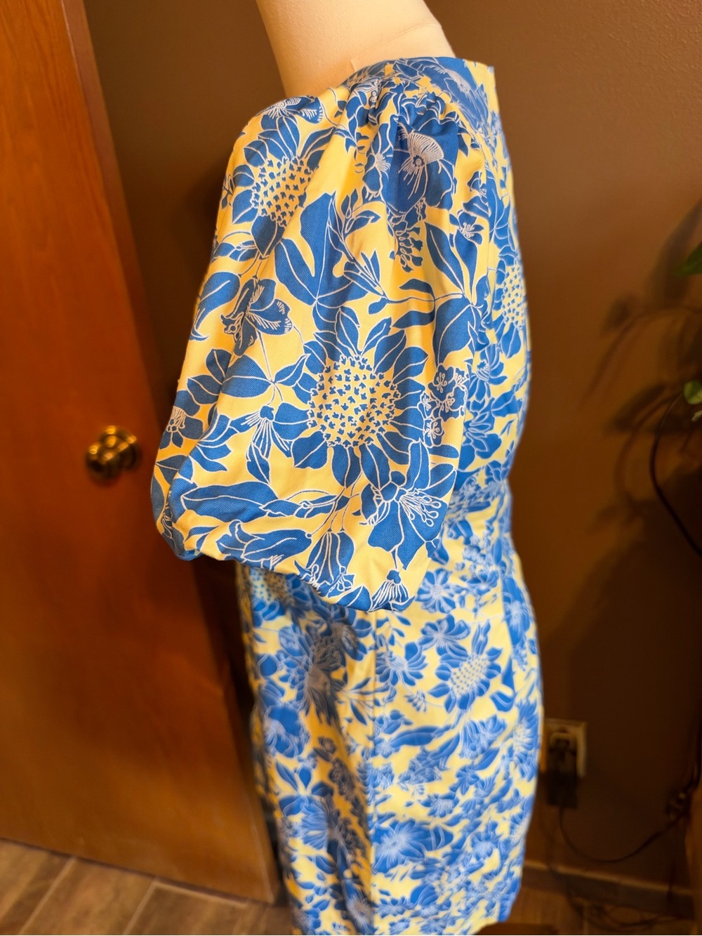 J. Crew Yellow and Blue Floral V-Neck Puff Sleeve Mini Dress - Picture 4 of 6